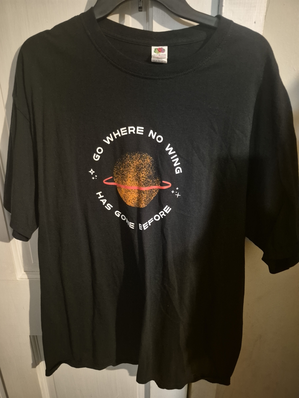 Fruit of the Loom Men’s Black Tee with Orange Planet Graphic